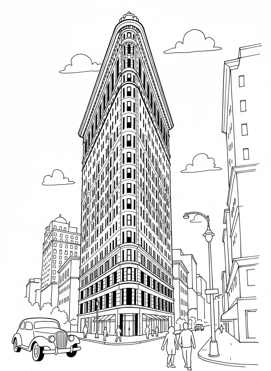 The Flatiron Building shown from street level looking up, its unique triangular shape clearly visible, with simple street details around it.
