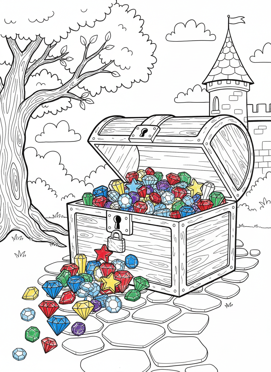 A treasure chest shaped like a heart, overflowing with colorful gemstones, perfect for a Valentine or friendship theme