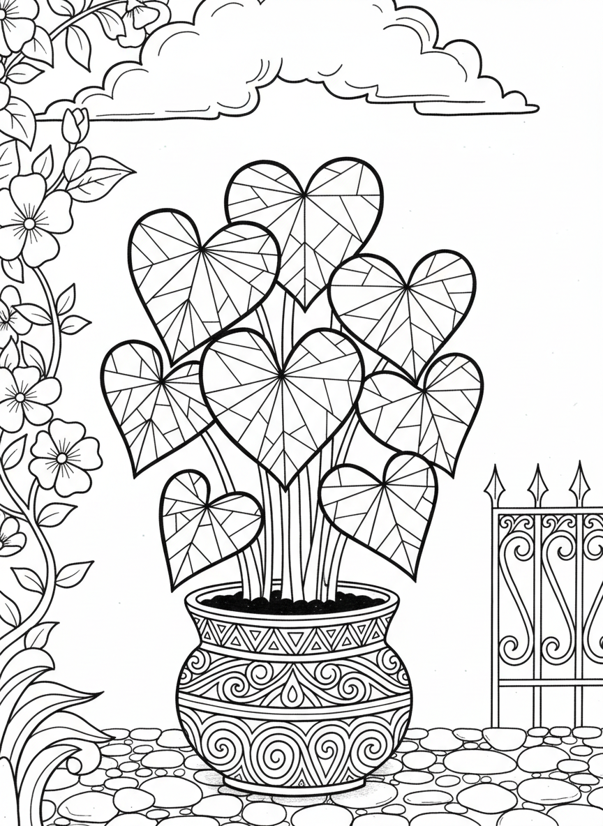 An origami potted plant with heart-shaped leaves, each leaf showing geometric fold lines and veins, sitting in a decorative planter.