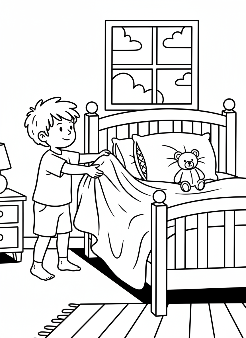 A child making their bed, pulling up blanket and arranging pillow, bedroom scene with simple bed frame and stuffed animal