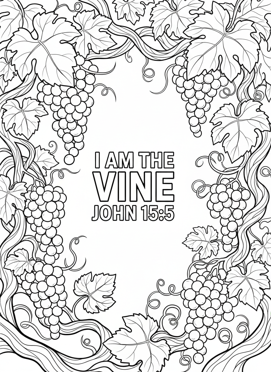 Grapevines with clusters of grapes and leaves forming a border, with 'I Am the Vine John 15:5' written in the center