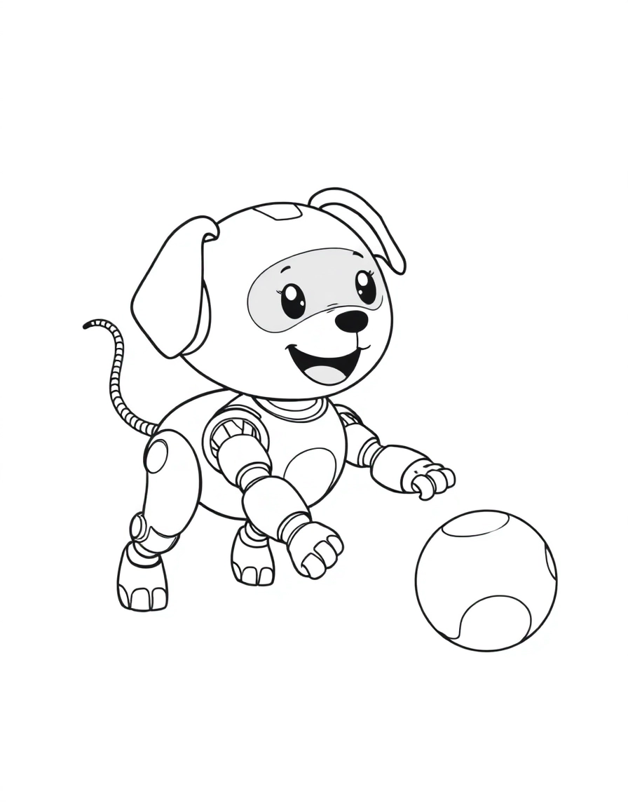 A whimsical, four-legged robot puppy is happy with floppy antenna ears and a wagging coiled-wire tail, playfully pouncing towards a rolling ball. A simple black and white line drawing with clear, unbroken outlines and no shading.