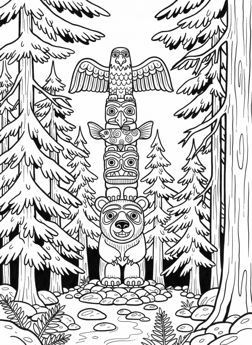 A totem pole with friendly animal faces including eagle, bear, and salmon stacked vertically, surrounded by trees, Pacific Northwest inspired design