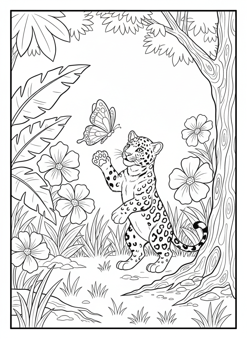 A jaguar cub playing with a butterfly in a sunny jungle clearing, with simple flowers and grass around them.