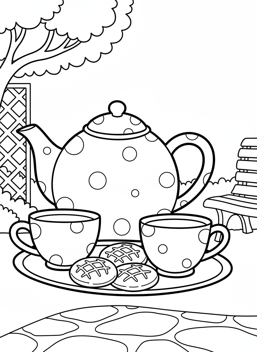 A simple tea set for beginners: one large teapot with polka dots, two cups with handles, and a plate with three round cookies.