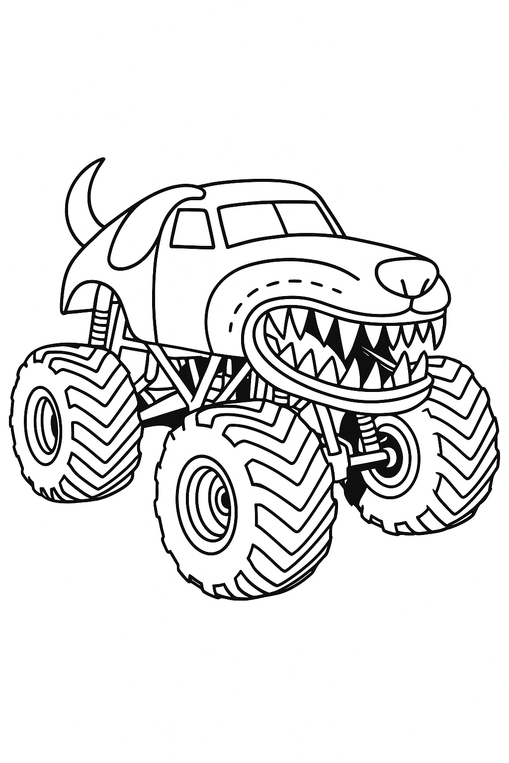a monster truck in the style of monster mutt from monster jam with no eyeballs and aggressive teeth showing