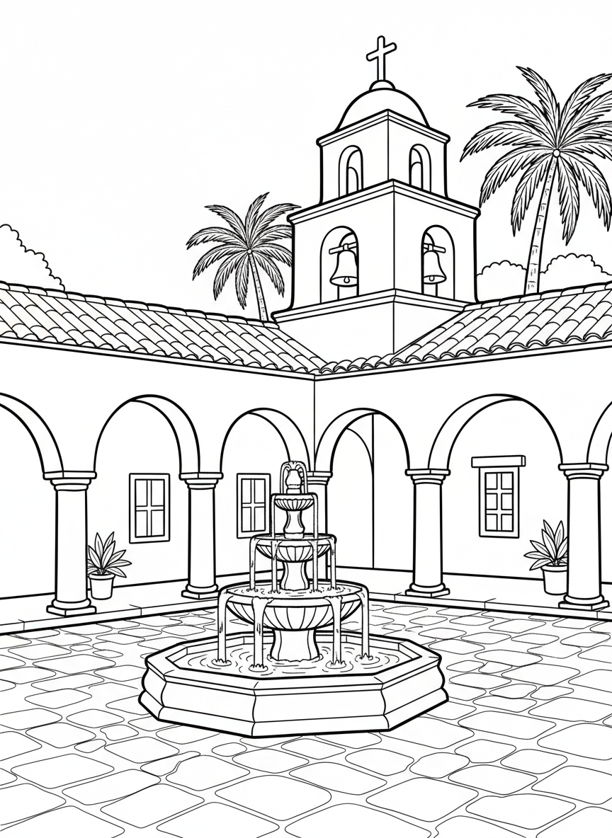 A Spanish mission courtyard with arched walkways, a bell tower, and a fountain in the center, simple architectural details for kids to color.