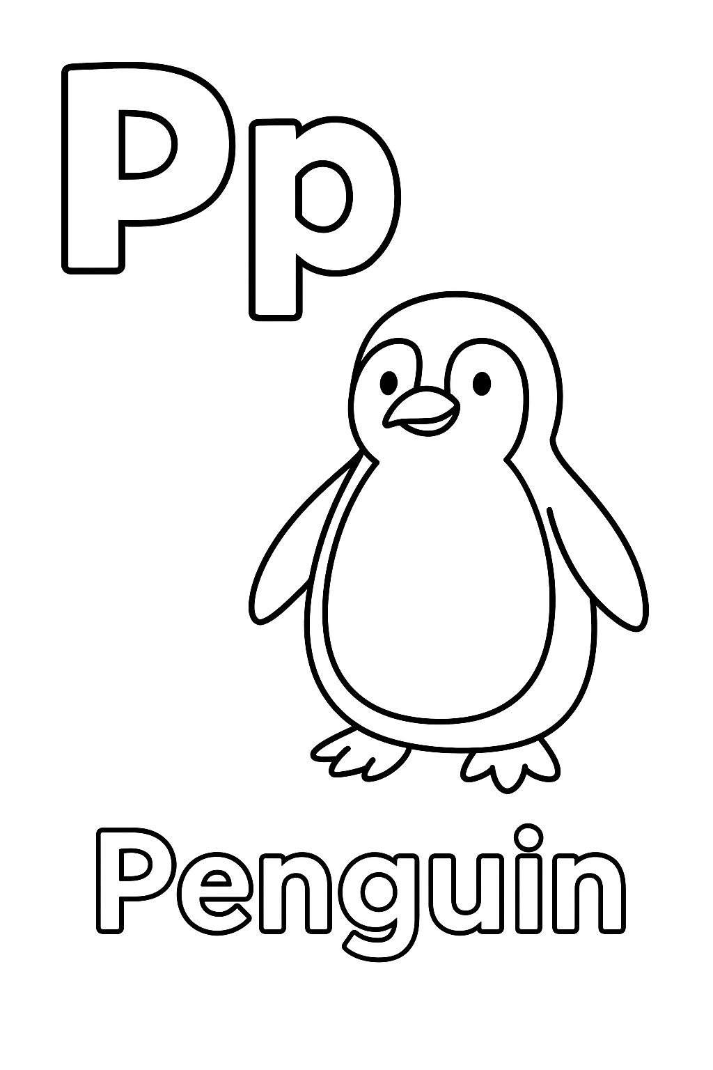 The uppercase letter “P” next to the lowercase letter “p”. With a penguin image under the letters. Write out the object “Penguin”.