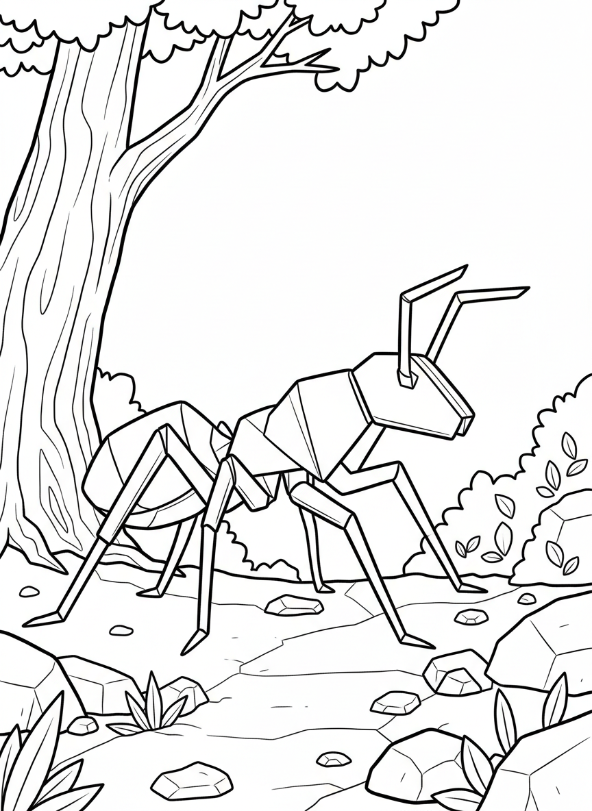 An origami ant with three distinct body sections, six angular legs, and bent antennae, marching across the ground