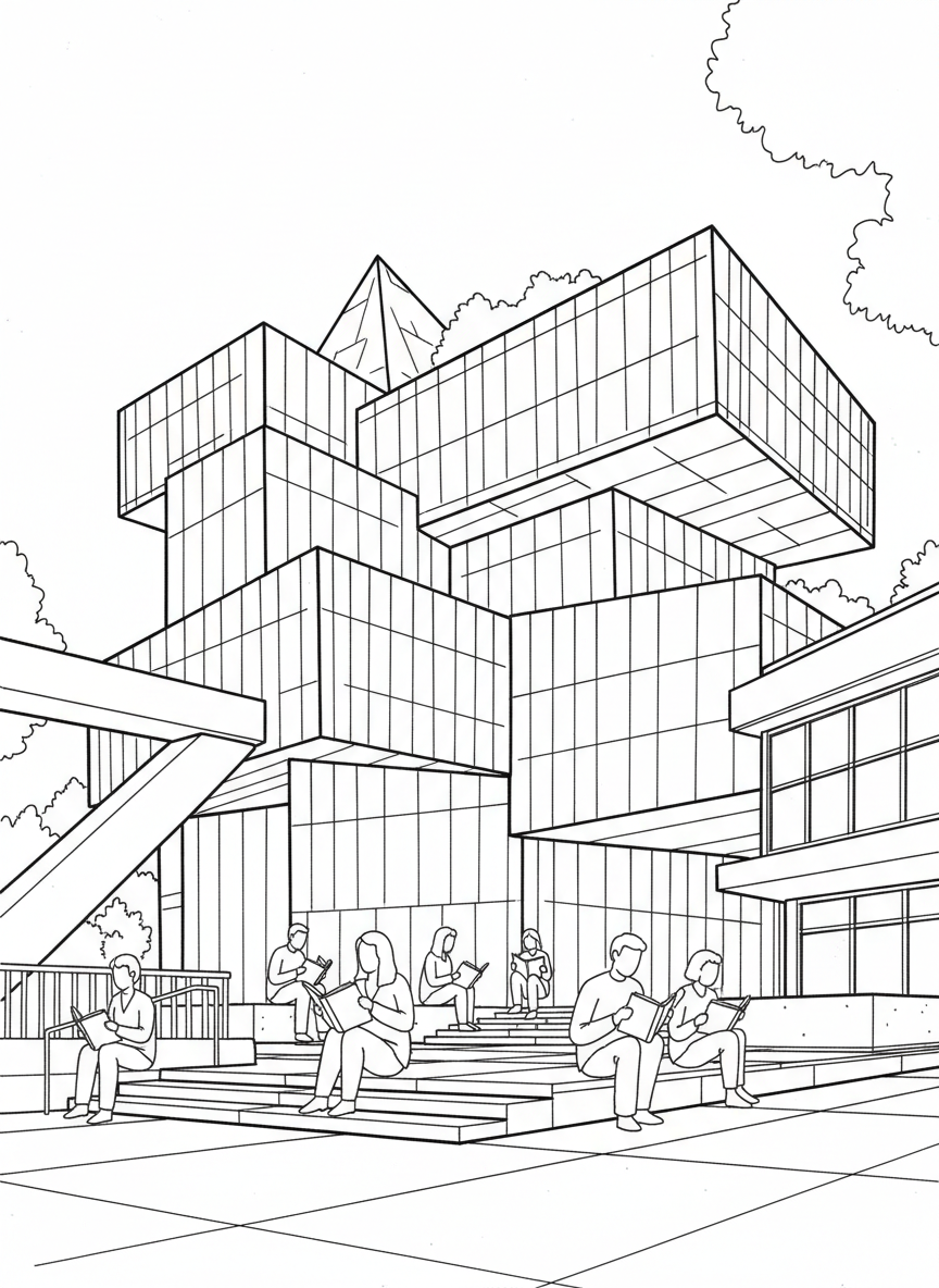 The Seattle Public Library's unique geometric architecture with people reading books outside, modern building line art design.