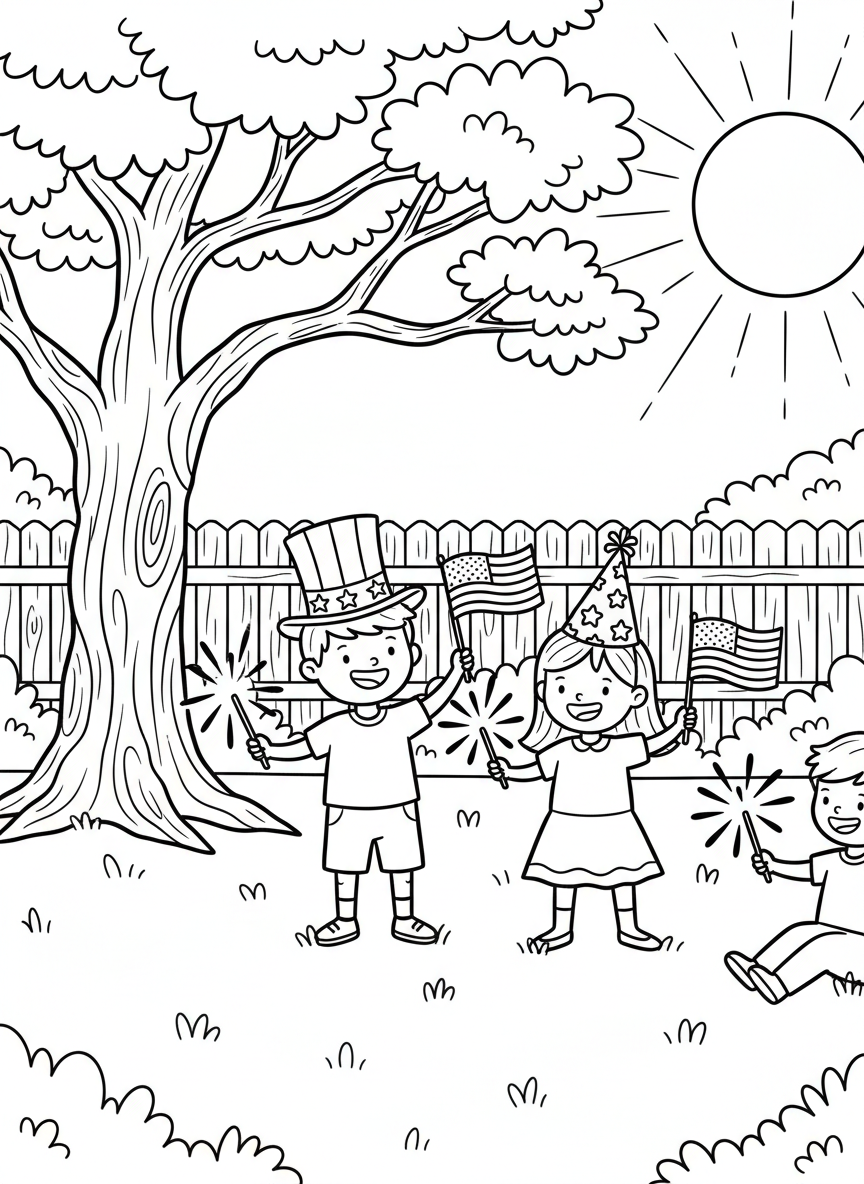 Children playing with sparklers in a backyard during daytime, wearing patriotic hats and holding small American flags in their hands.
