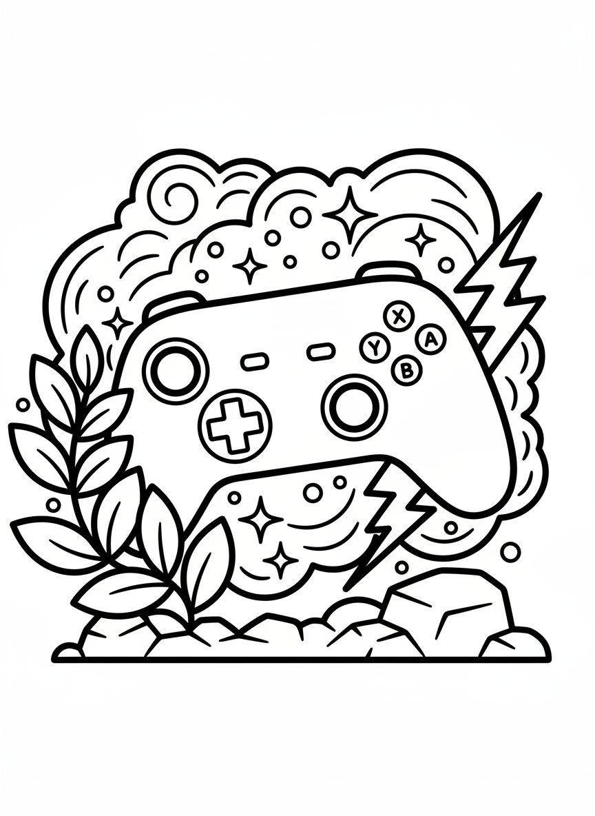 A cheerful controller with two analog sticks, directional pad, and action buttons, surrounded by small stars and sparkles in a simple composition.