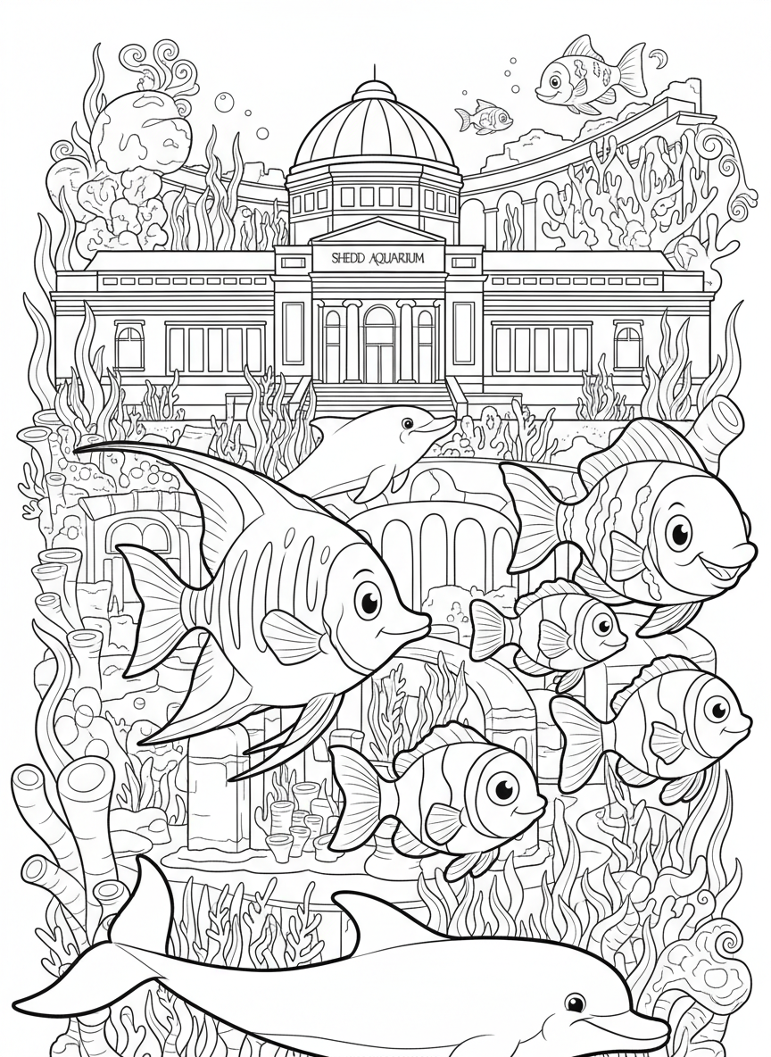 Shedd Aquarium building with cartoon fish and dolphins swimming around it, playful underwater theme with architecture