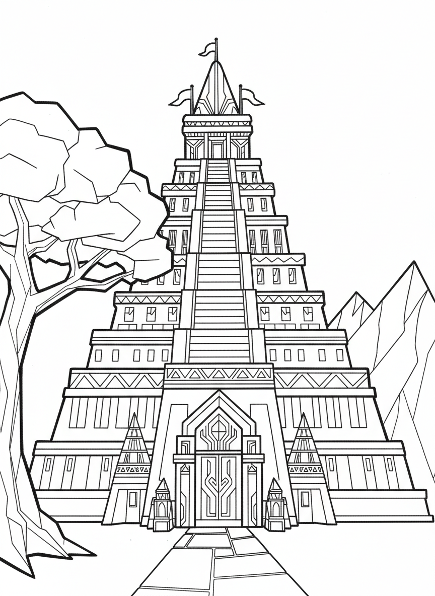 An origami pyramid temple with stepped levels leading to the top, geometric patterns on each tier, and a grand entrance at the base.