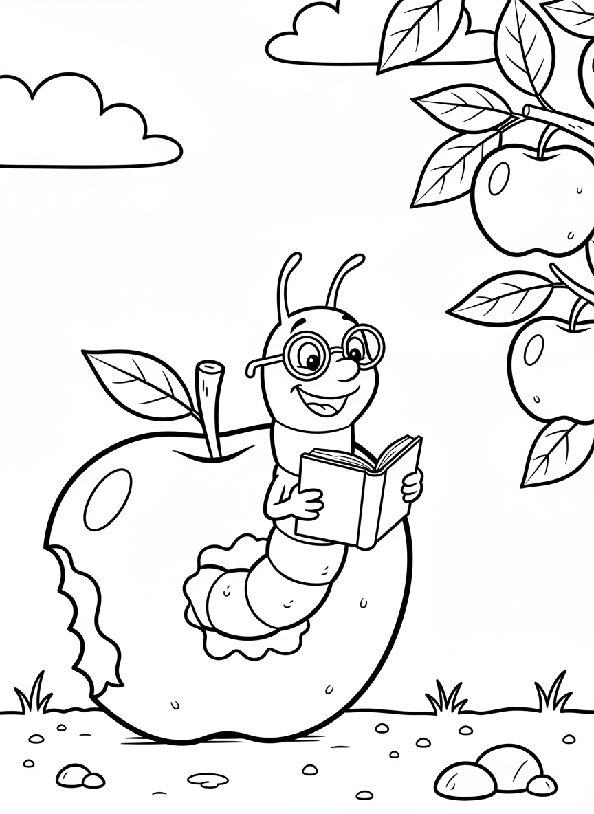 A friendly cartoon worm wearing glasses, popping out of an apple while reading a tiny book with a big smile.