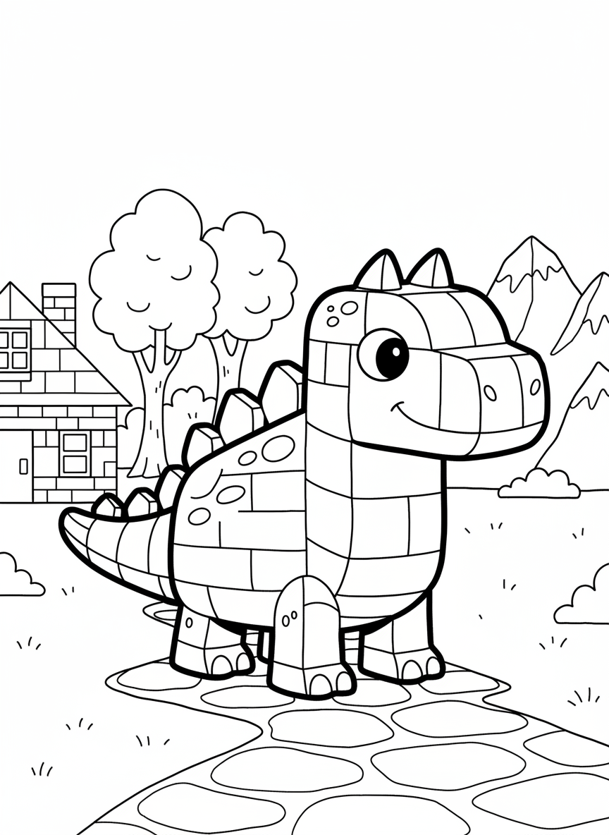 A toy brick dinosaur with blocky rectangular body parts, stubby legs, and a friendly expression, showing how bricks can create animals.