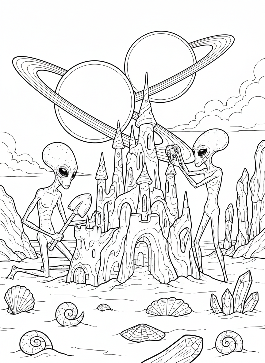 Two aliens building a sandcastle on an alien beach with two suns in the sky and unusual seashells scattered around