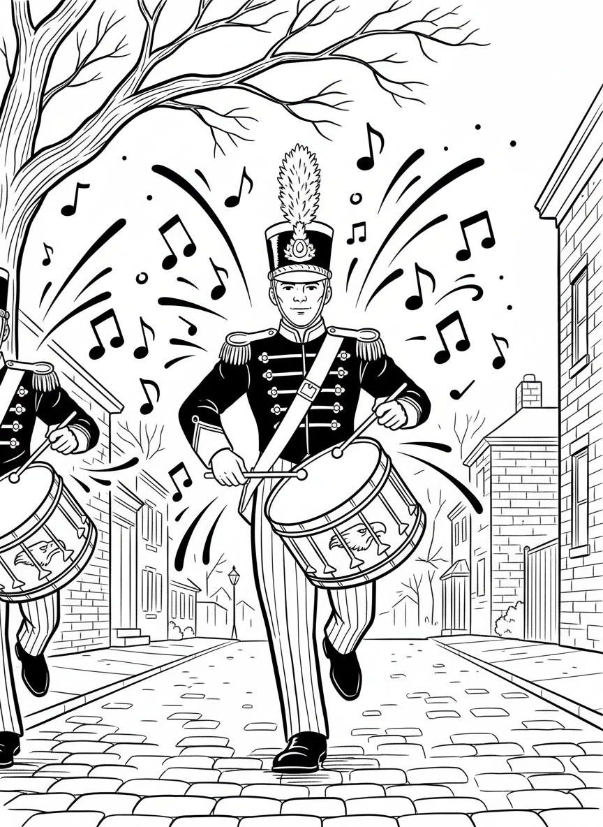 A marching band drummer in uniform playing a large bass drum, musical notes floating around, celebrating game day spirit.