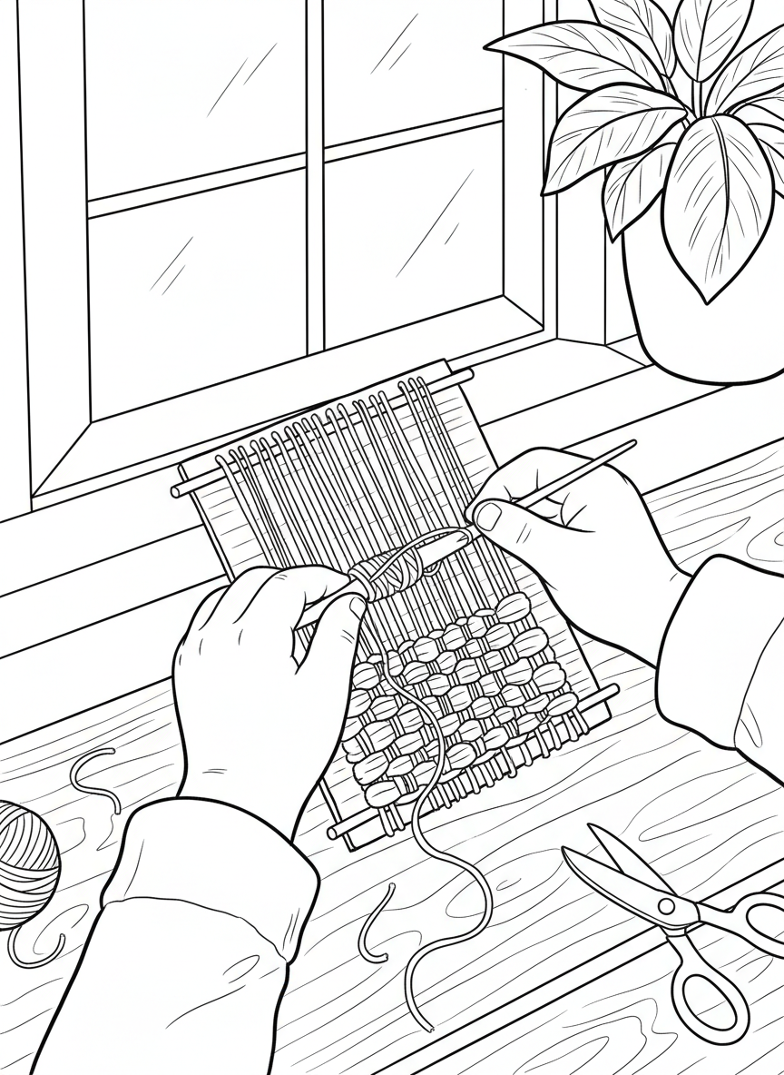 Close-up of a child's hands weaving colorful yarn through a simple cardboard loom to create a small textile project.