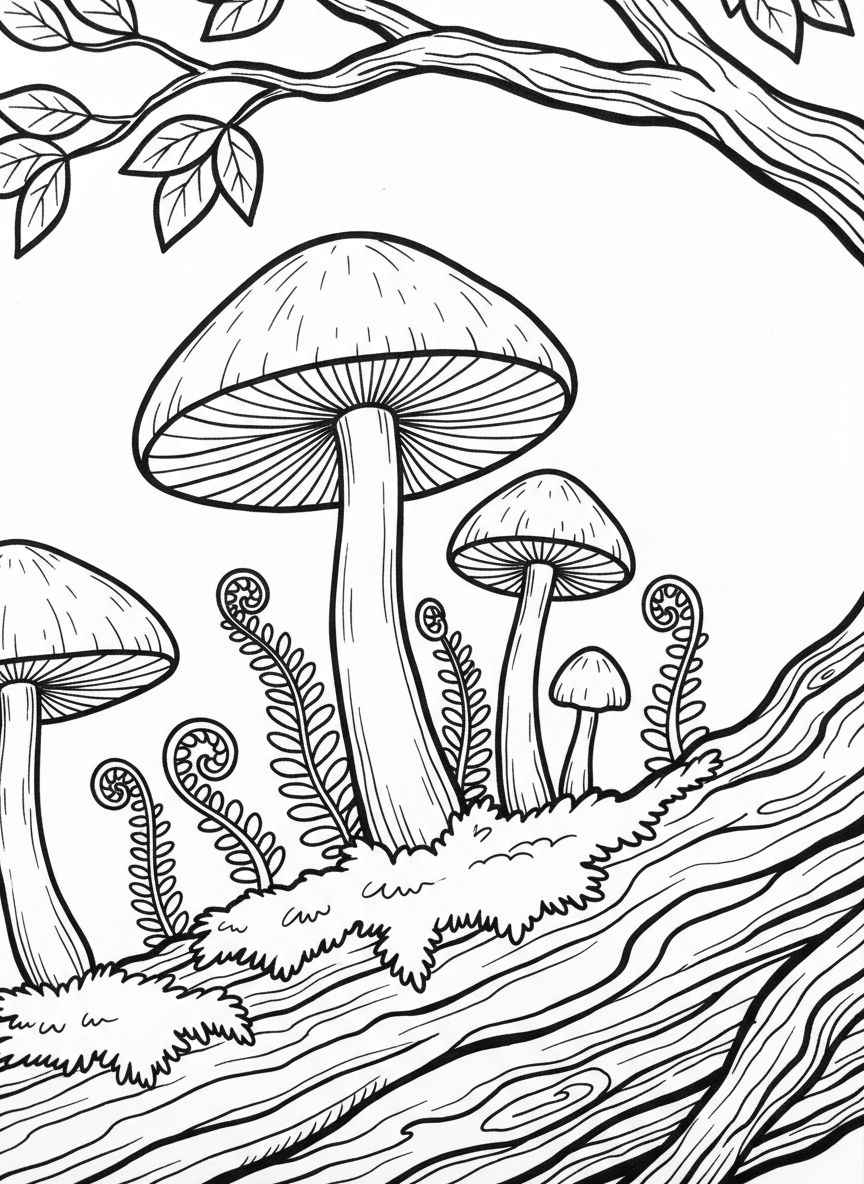 A cluster of three different-sized mushrooms growing on a mossy log, with tiny woodland ferns around them, simple line art composition.