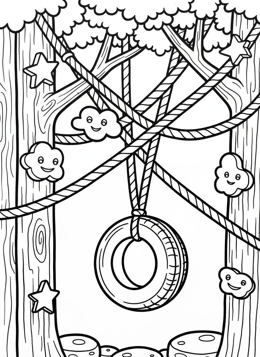 Close-up of treehouse adventure equipment showing intertwined ropes, climbing holds in fun shapes, and a hanging tire swing.