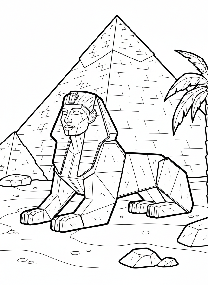 An origami sphinx with lion body and human face made of paper folds, sitting beside a pyramid, coloring page