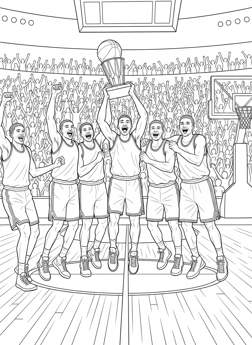 A team of basketball players celebrating together with raised arms and happy expressions after winning the championship trophy.