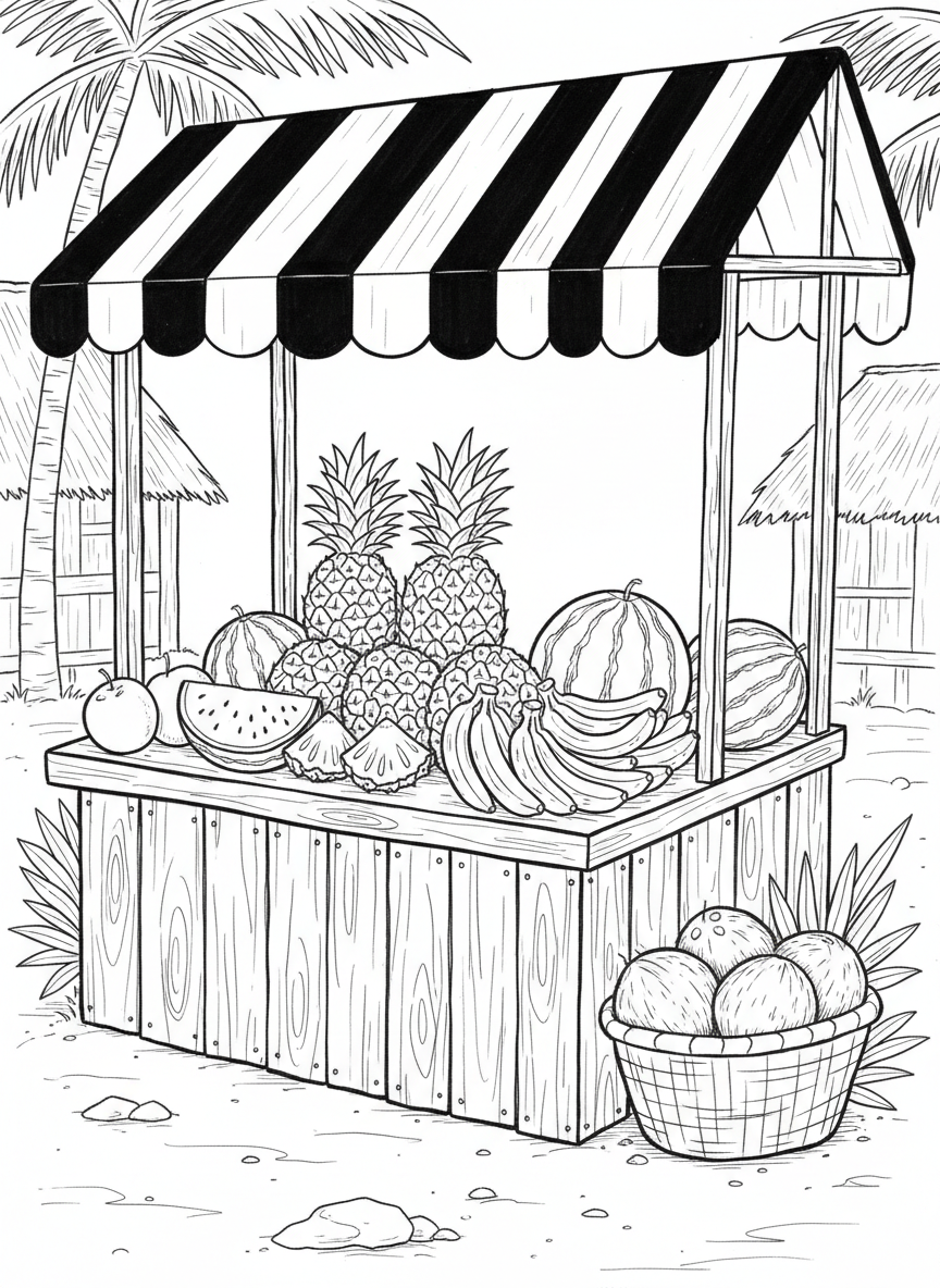 A tropical fruit stand with pineapples, watermelons, coconuts, and bananas displayed under a striped awning