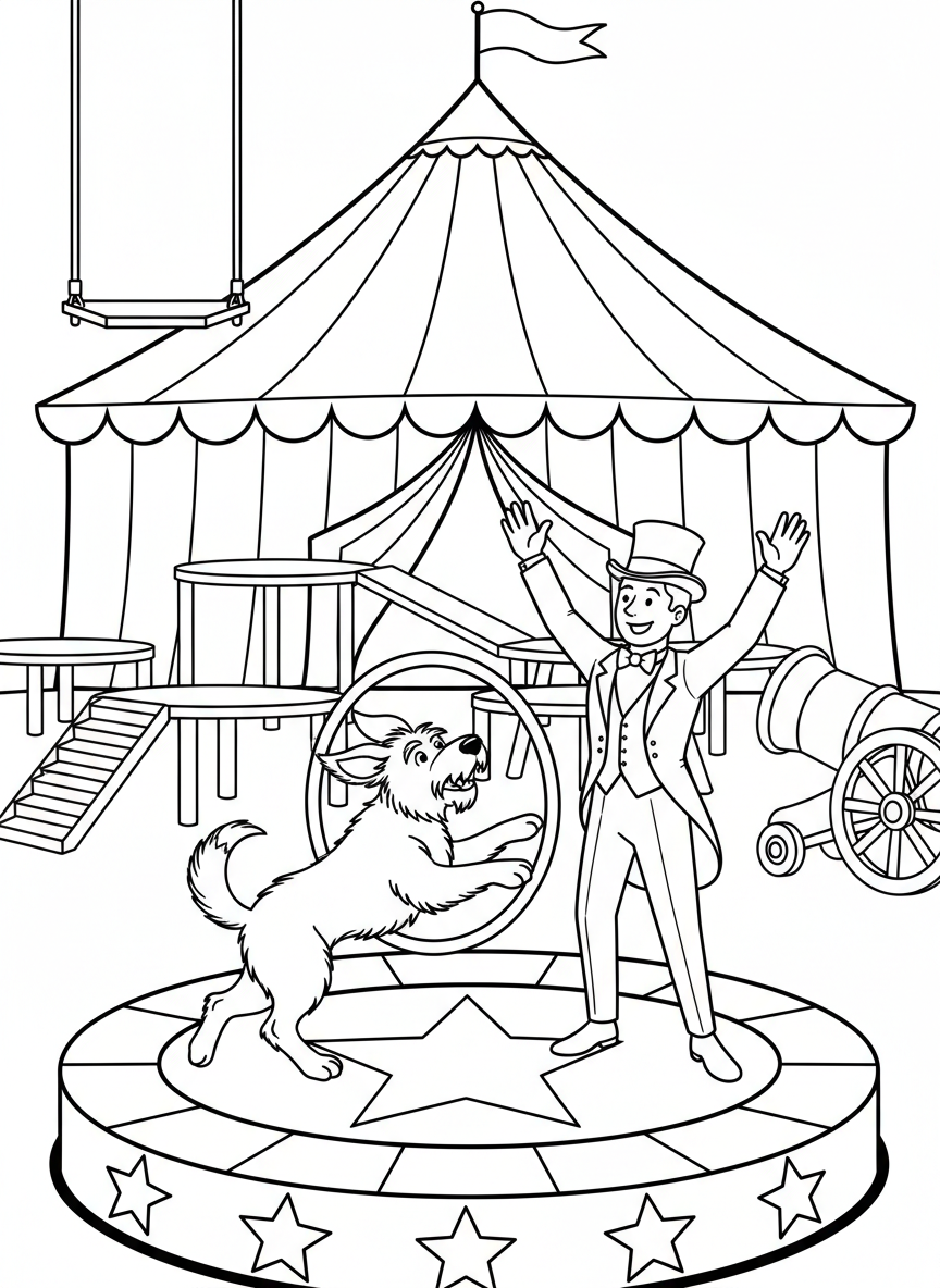 A performing dog jumping through a hoop held by a trainer, with circus props and platforms nearby.