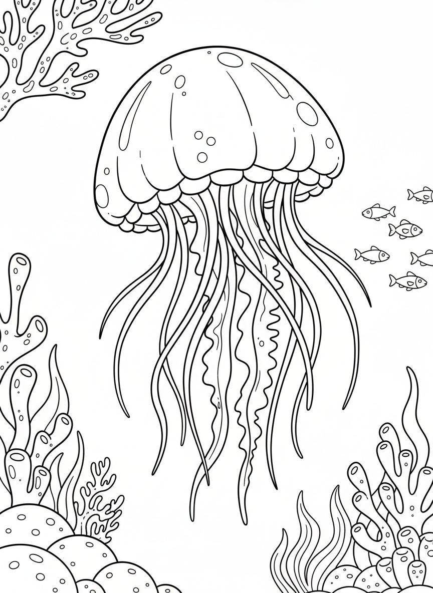 A friendly jellyfish with a dome-shaped bell and long flowing tentacles, floating peacefully in the ocean with small glowing dots along its body, simple line art for coloring.