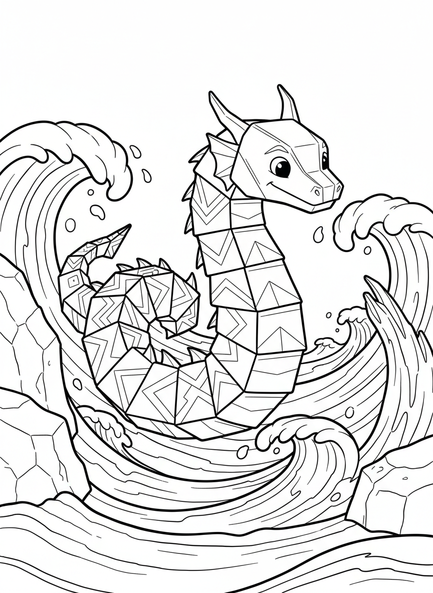A friendly origami sea serpent with accordion-fold body curves swimming through waves, simple geometric scales, coloring page