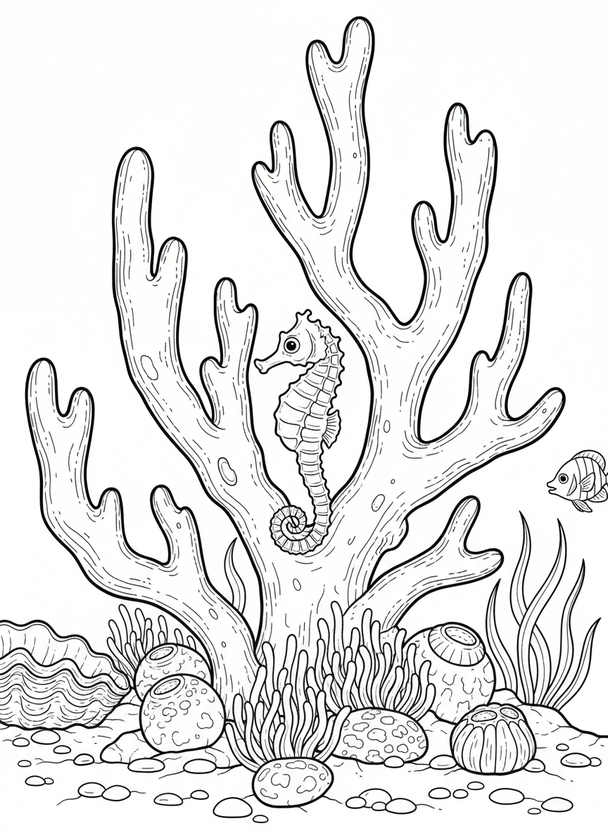 Tall elkhorn coral branches reaching upward with small sea anemones at the base and a seahorse nearby.