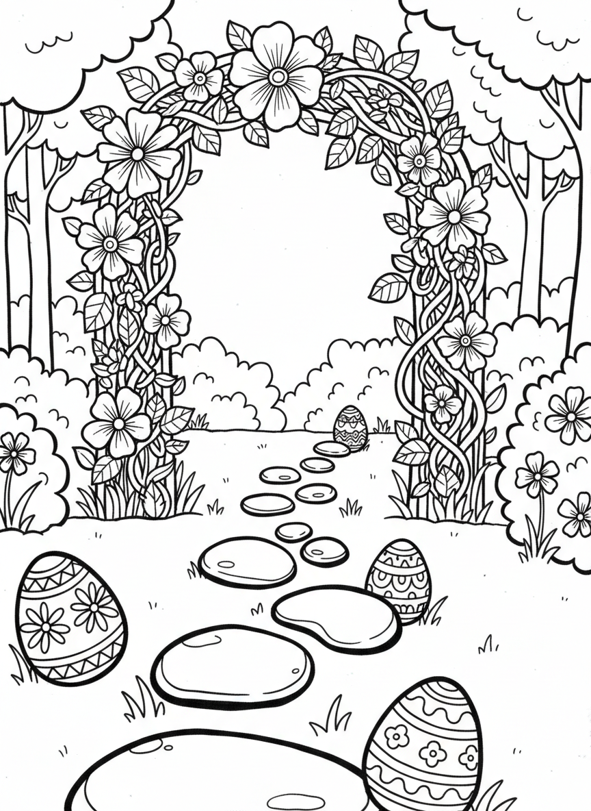 A whimsical garden path with stepping stones, each stone having an Easter egg beside it leading to a flower arch.