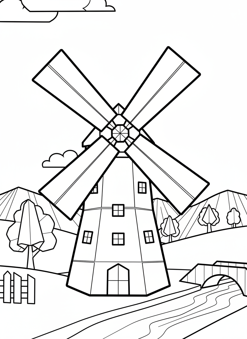 An origami windmill with four large blades, a cylindrical tower base, small windows, and clear paper-fold lines throughout the structure.