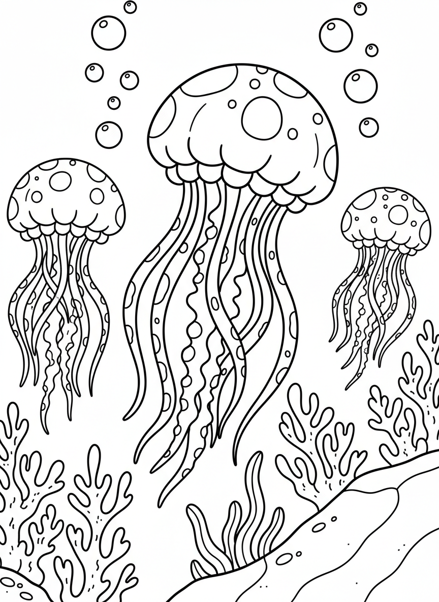 A group of three small jellyfish of different sizes drifting together, each with simple bell shapes and wavy tentacles decorated with light spots.