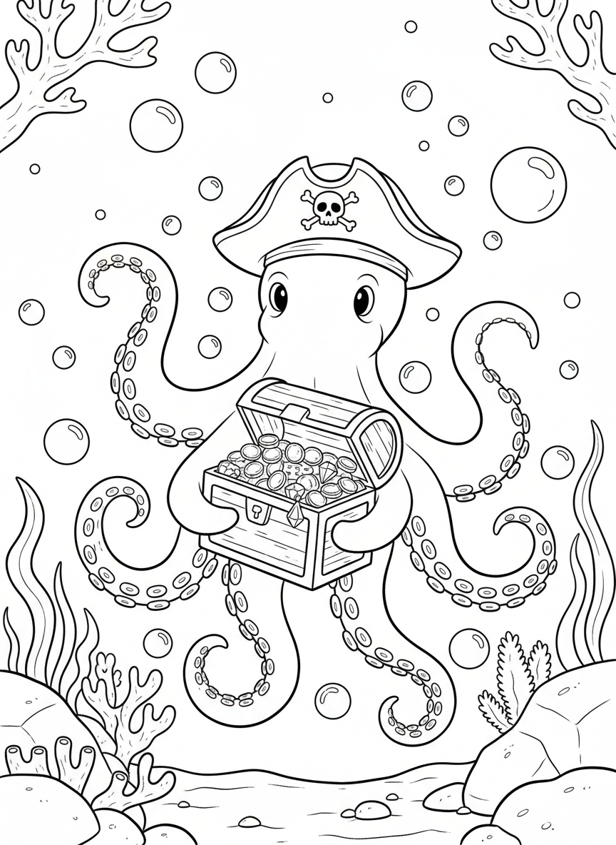 A playful octopus wearing a pirate hat, holding a treasure chest with its tentacles underwater surrounded by bubbles
