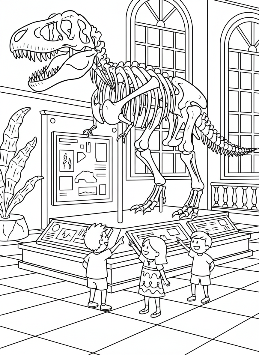A dinosaur skeleton exhibit display with bones, informational plaques, and excited children pointing at the fossils, museum-style scene