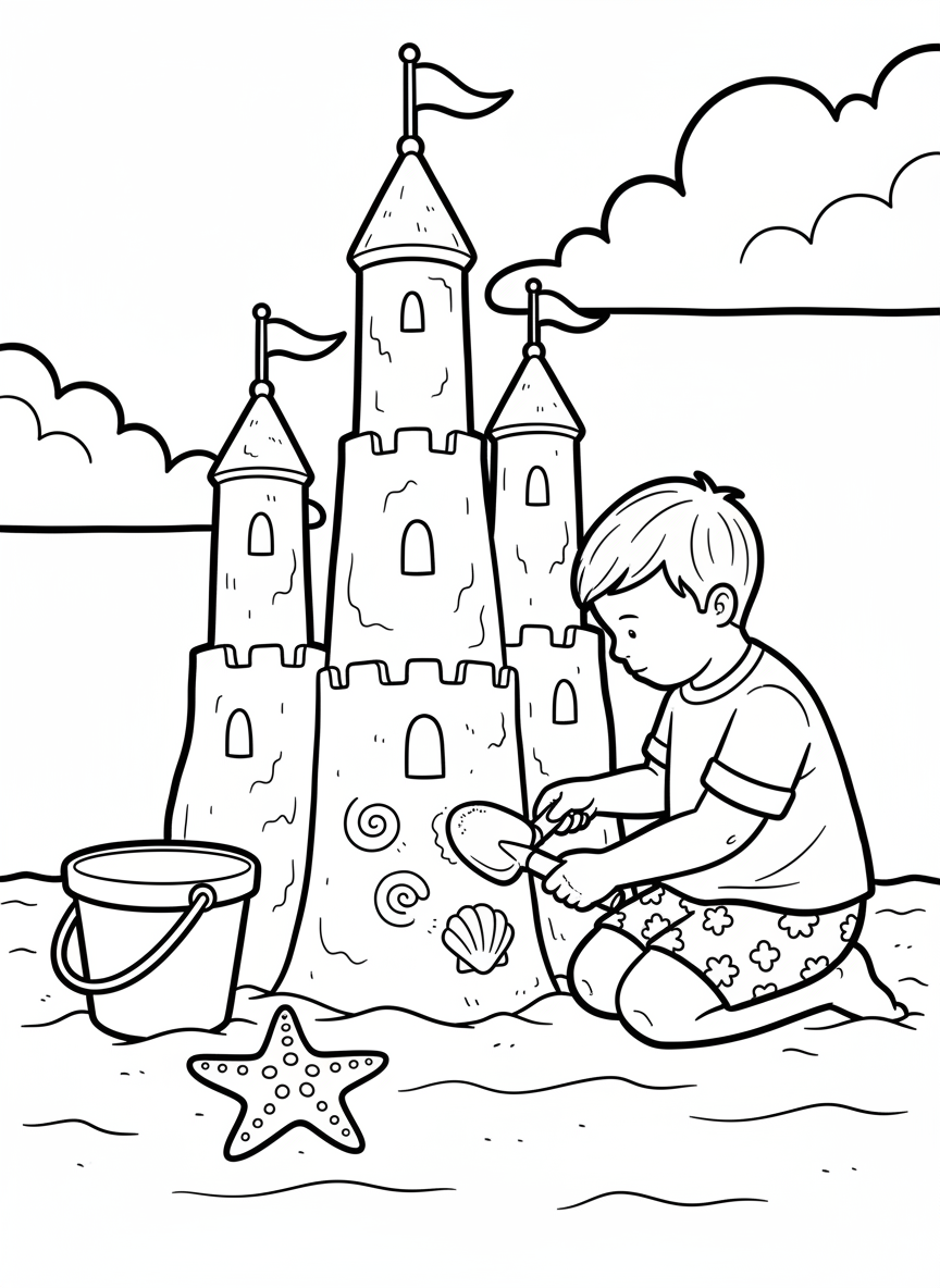 A young child kneeling beside a tall sandcastle with three towers, using a small shovel to add details, with a bucket and starfish nearby on the beach.