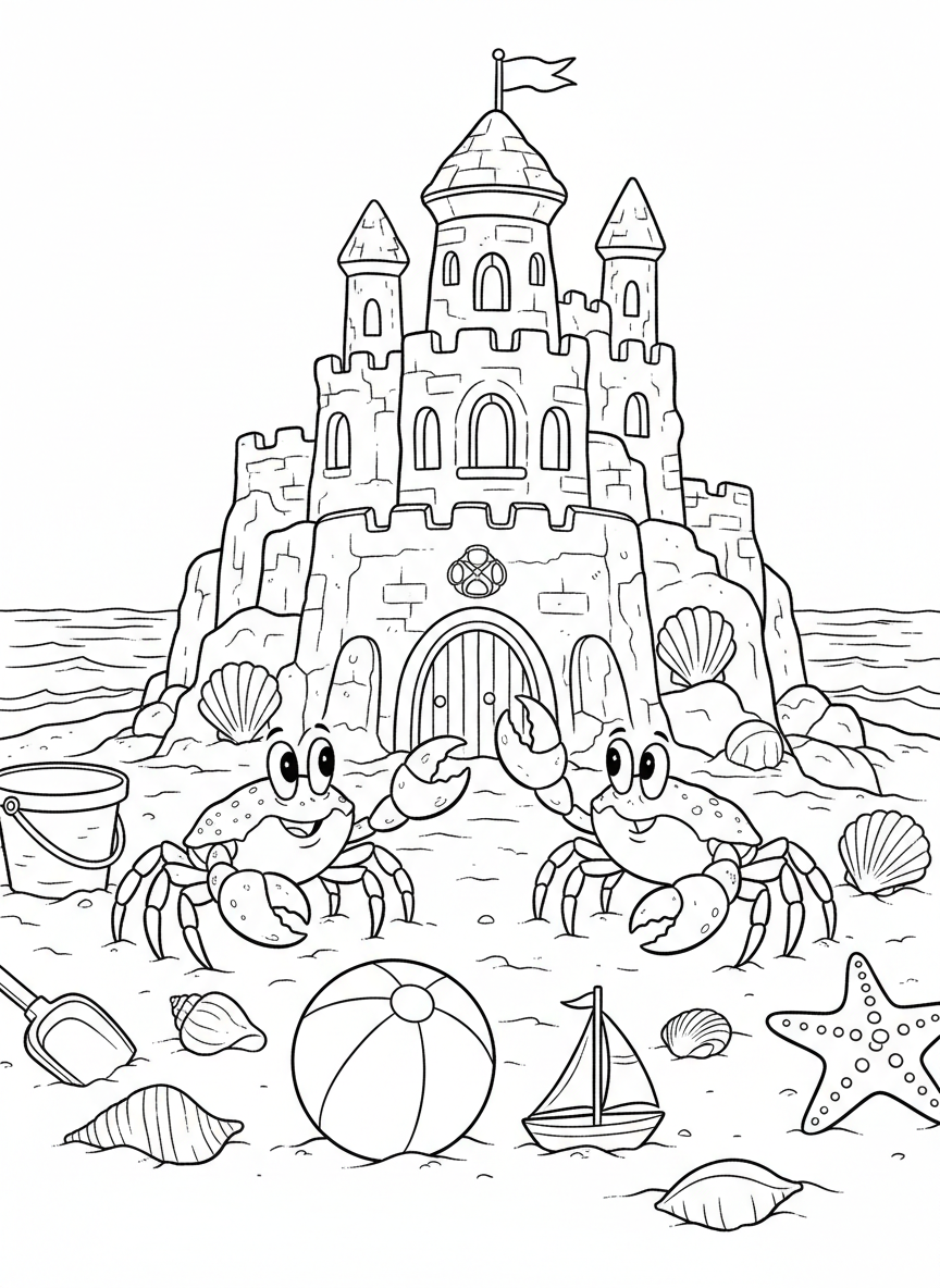 Two crabs having a conversation near a sandcastle, with beach toys and seashells decorating the scene around them.