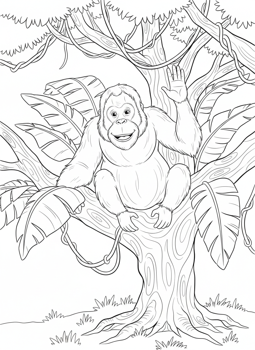 A friendly orangutan sitting in a tree waving at safari visitors below, surrounded by banana leaves and vines.