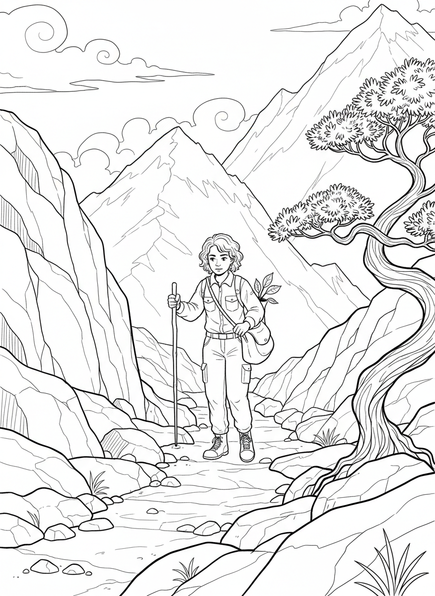 Wide scene of a rocky mountain trail with a young explorer using a walking stick and carrying a specimen bag.