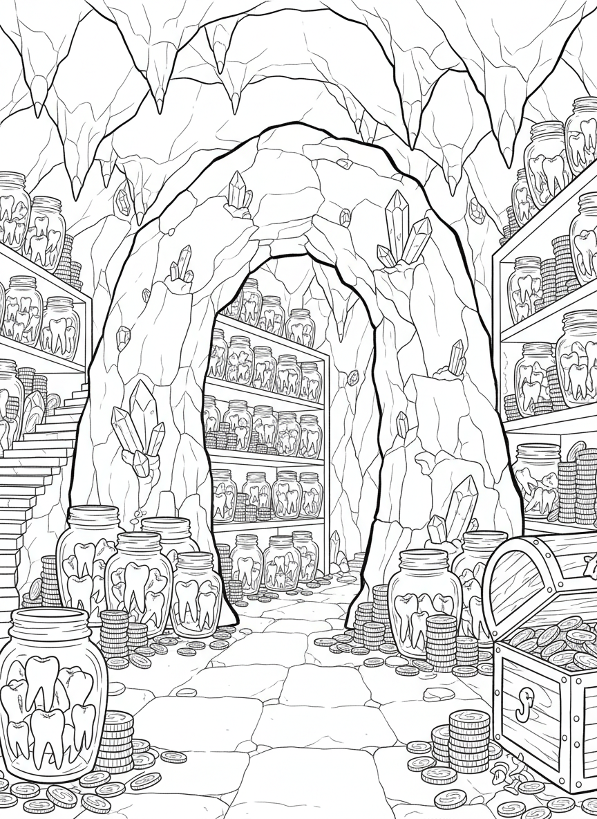 A tooth fairy's treasure room filled with collected teeth in jars, coins, and magical glowing crystals