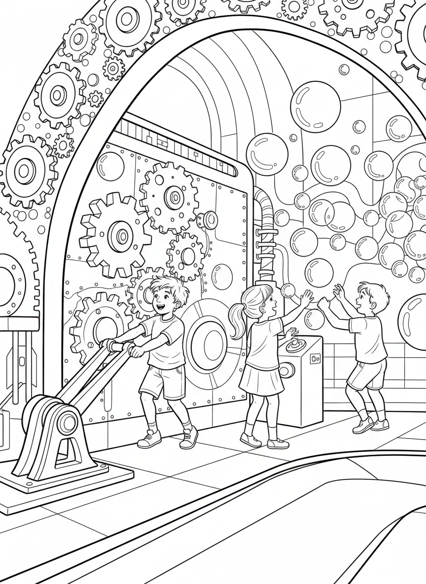 Children exploring interactive science exhibits at COSI with gears, levers, and bubbles floating around them, fun and educational scene