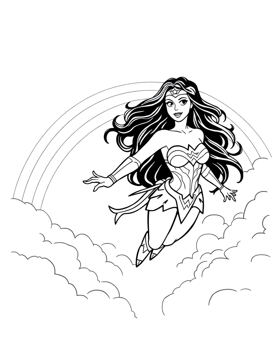 Wonder Woman soaring gracefully through pastel-tinted clouds, a faint rainbow arching in the distance