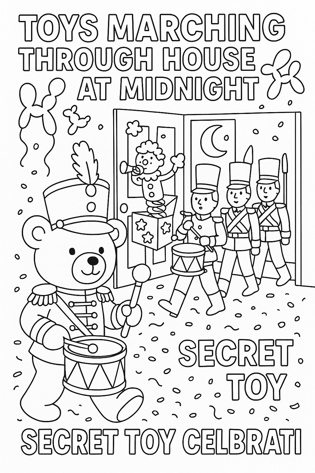 Toys marching through house at midnight, drum major teddy, balloon animals floating, jack-in-box band, wooden soldiers, confetti trail, thick black outlines, secret toy celebration