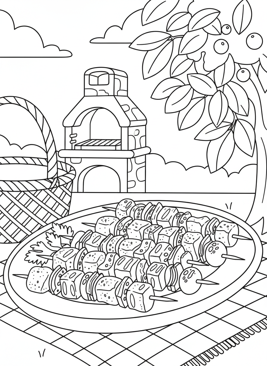Kabobs on skewers with alternating vegetables and meat pieces arranged on a serving platter.