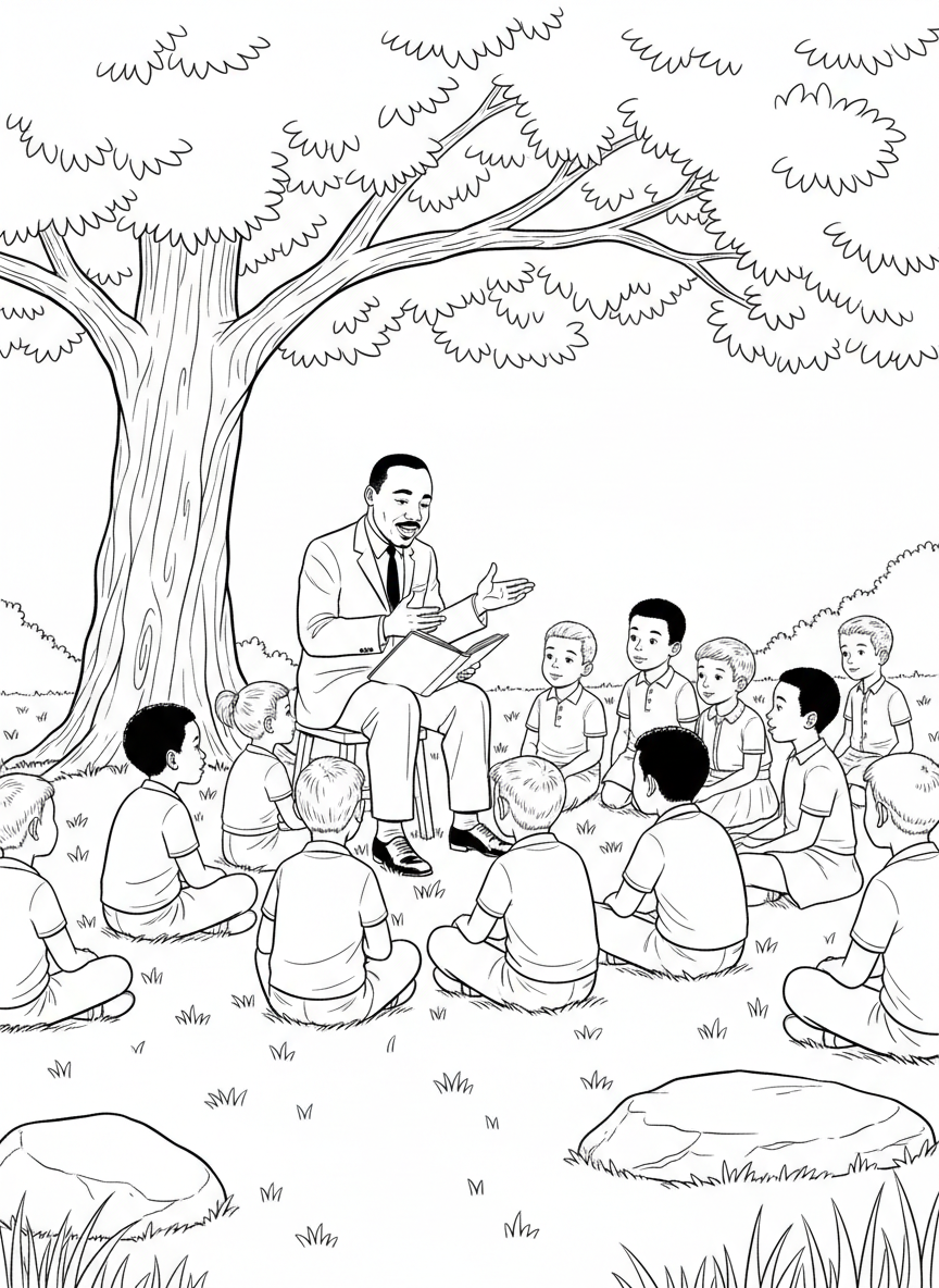Group of diverse children sitting together listening to Martin Luther King Jr. tell a story under a large tree