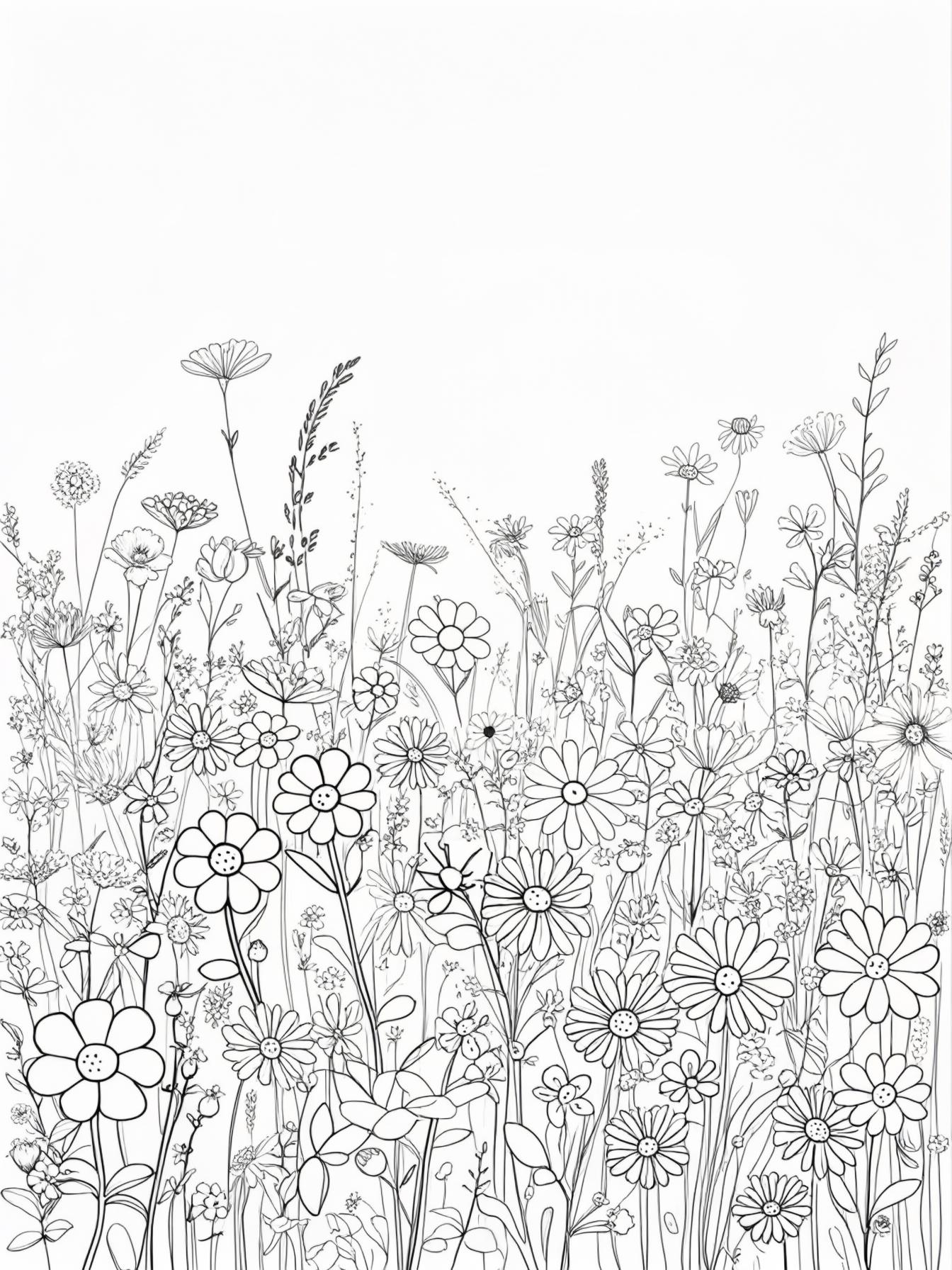 A sprawling field of wildflowers stretching as far as the eye can see under a broad, open sky. Various types of wildflowers in full bloom, some tall, some short, create a natural tapestry of texture, with a gentle breeze subtly bending their stems.