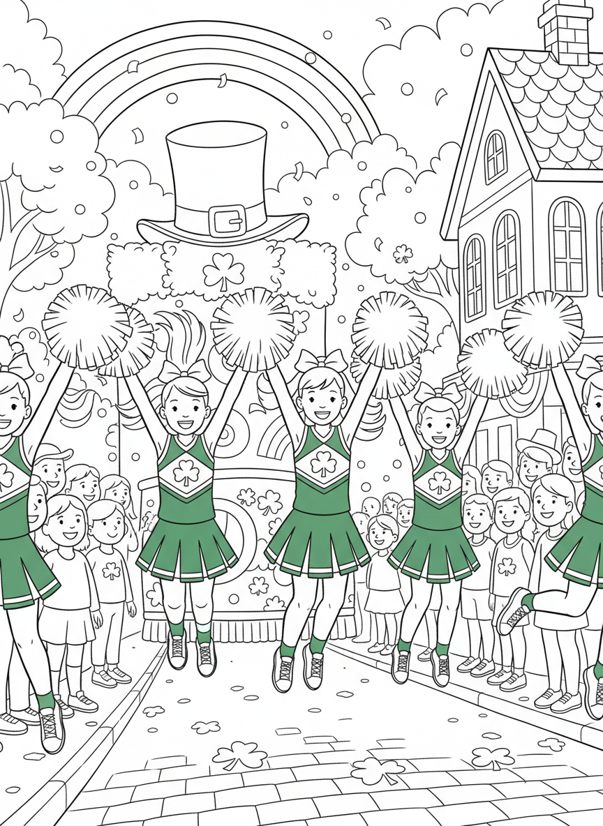 Young cheerleaders in green and white uniforms performing with pom-poms during the Saint Patrick's Day parade.