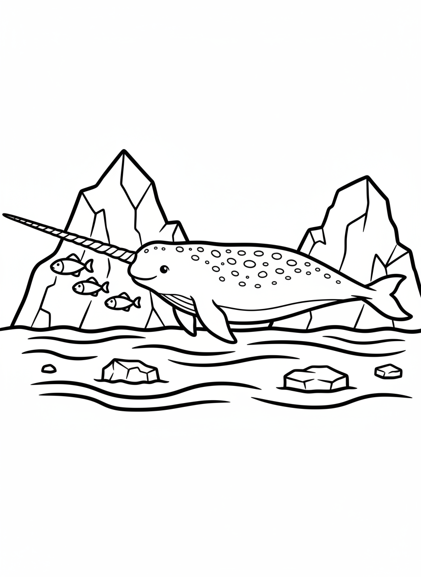 A narwhal swimming in arctic waters with icebergs floating above and small arctic fish swimming around its long tusk.